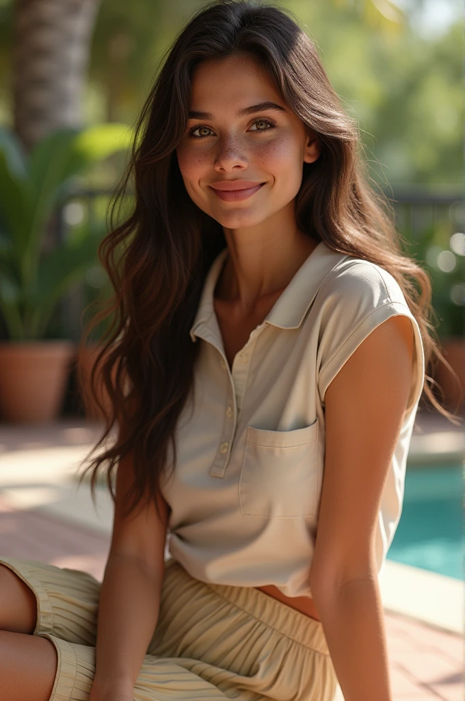5,6 pieds de hauteur, 20 ans, belle, chaussures ouvertes, chaussures ouvertes, cheveux longs, image du corps entier, jupe, longues jambes latines, jeune femme assise sur un extérieur, photoréaliste, photoréaliste, polo sans manches, souriant, taches de rousseur, souriant, traits du visage terrasse, veines dans les pieds