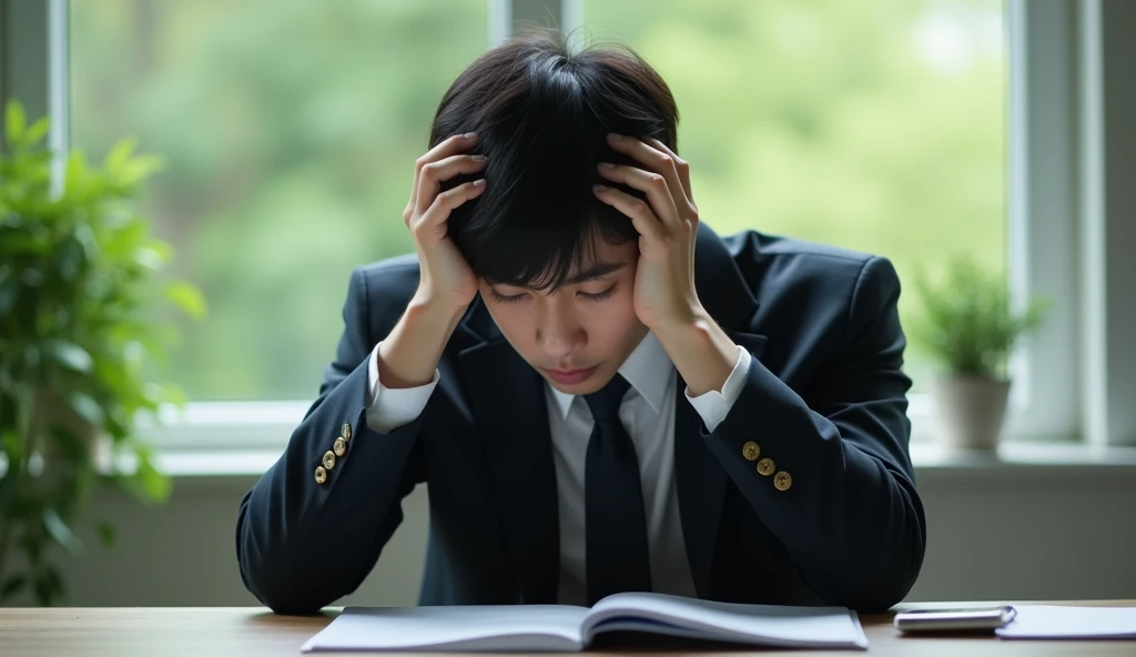 A Japanese male college student wearing a suit is depressed and holding his head in front of his desk,Excited, Photo of your face, In a beautiful company, with a natural look, With a slightly tired look, tilt your face a little, Diagonal orientation, Average face