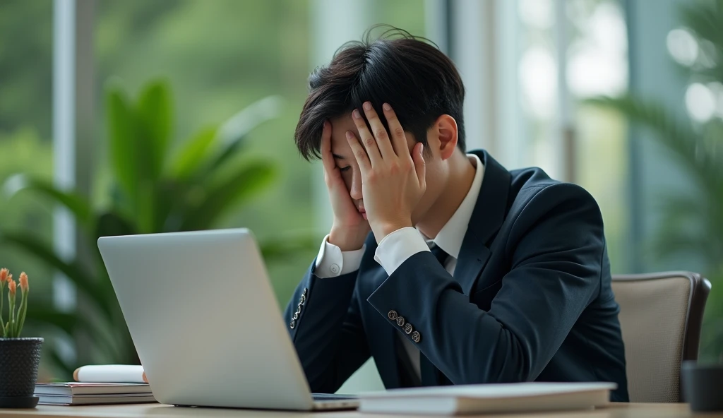 A Japanese male college student wearing a suit is depressed and holding his head in front of his desk,Excited, Photo of your face, In a beautiful company, with a natural look, With a slightly tired look, tilt your face a little, Diagonal orientation, Average face