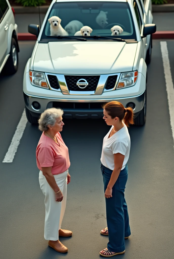 A realistic human image taken from above where you can barely see a parking lot with 2 white women, one of them an old woman wearing a pink blouse and white pants and the other a 35-year-old woman wearing a white blouse and blue pants., They are talking and behind them there is a white Nissan Pkup type truck with 3 white puppies 