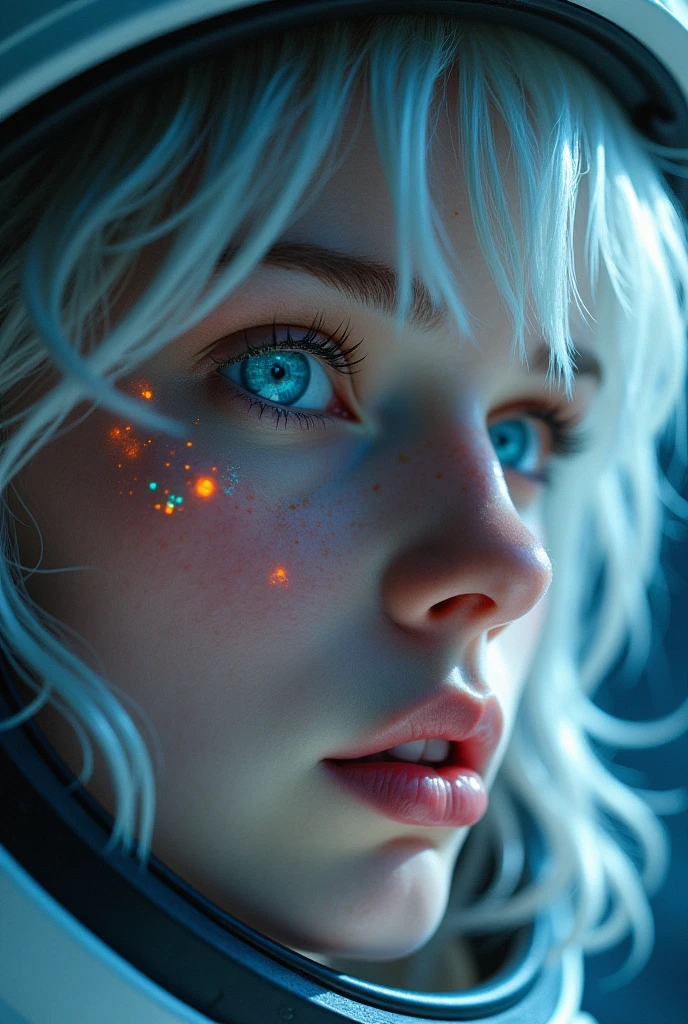 (Close-up of a better masterpiece: 1.5) 0.9], (Space and astronauts: 1.2) (Disheveled silver hair: 1.1) (Xanthochromia heterochromia and blue eyes: 1.2) (space helmet: 1.0) (colorful stars in the eyes: 1.0) (A radiant glow: 1.1) (thick lips: 0.9)