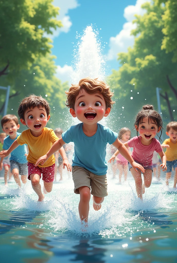 Children playing in a fountain in summer: A group of children run and jump through a fountain in a park, with laughter and drops of water captured in the air, reflecting the bright sun of a summer day.