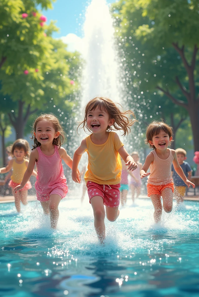 Children playing in a fountain in summer: A group of children run and jump through a fountain in a park, with laughter and drops of water captured in the air, reflecting the bright sun of a summer day.