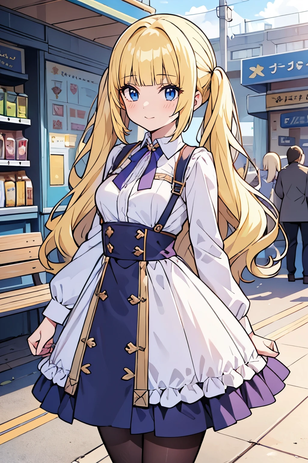 cowboy shot, Young adult girl, 1 girl, pigtails, yellow  hair, blunt bangs, extra long hair, crystal blue eyes, golden blonde hair, voluminous hair, disheveled wavy hair, (medium small breasts), (young female body: 1.4) , Train station background, vending machines and benches, pantyhose, lilac pron dress, long sleeves, light purple dress, lapel dress, dynamic posing, on a date