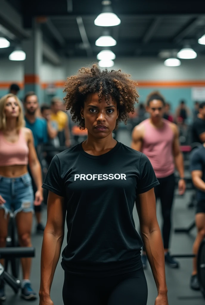 “A bustling gym with various exercise machines visible, including bench press, rowing machine, free weights, and leg press. The room is filled with students, both men and women, actively working out. In the middle of the aisle stands the gym instructor, a 24-year-old Black Brazilian woman with curly hair and a physique that reflects an active fitness lifestyle. She is wearing a black t-shirt with ‘PROFESSOR’ in the center. The instructor looks furious and overwhelmed, as the gym is overcrowded with students. On either side of her, two female students are visibly upset: one is a blonde and the other has light brown hair. Both are angrily complaining to the instructor, who struggles to manage the situation. The image should be captured in ultra-realistic quality using high-end professional cameras and lenses, such as the Canon EOS R5 with an RF 50mm f/1.2L lens, to ensure sharp details and impressive realism. The photo should capture the intense atmosphere of the gym and the heightened emotions of the instructor and the two students.”