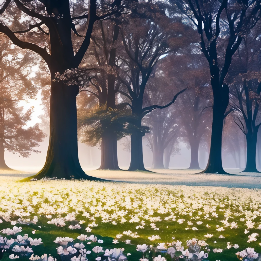 there are many white flowers in the grass near a tree, spring early morning, mystical kew gardens, springtime morning, early spring, flowers and trees, misty garden, delightful surroundings, incredibly ethereal, extremely beautiful and ethereal, dreamy scene, by Ian Fairweather, inspired by Charlotte Nasmyth, very magical and dreamy, spring early, very ethereal, inspired by Jane Nasmyth