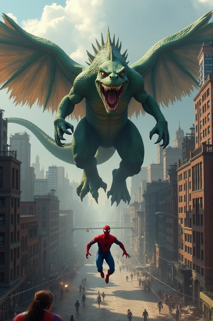 A large Godzillark chases Spider-Man and runs away in fear.