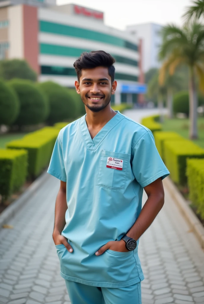 17 year old Indian boy wearing normal doctor dress posing for name Nadeem hospital park in background