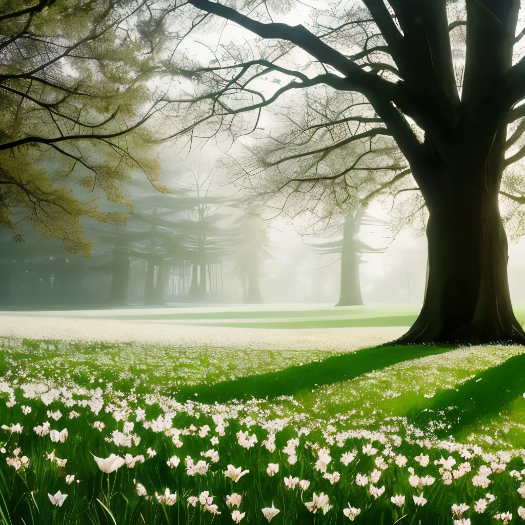 there are many white flowers in the grass near a tree, spring early morning, mystical kew gardens, springtime morning, early spring, flowers and trees, misty garden, delightful surroundings, incredibly ethereal, extremely beautiful and ethereal, dreamy scene, by Ian Fairweather, inspired by Charlotte Nasmyth, very magical and dreamy, spring early, very ethereal, inspired by Jane Nasmyth