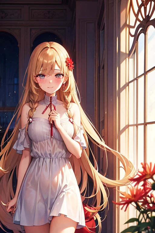 Marguerite Breuil,Red spider lily,beautiful,masterpiece, smile, Blonde, goddess,Blushing, tears, Hair Flower, Hair that hides one eye, Hair blowing in the wind, Two braids hanging down on either side, Super long hair, Wet Hair,