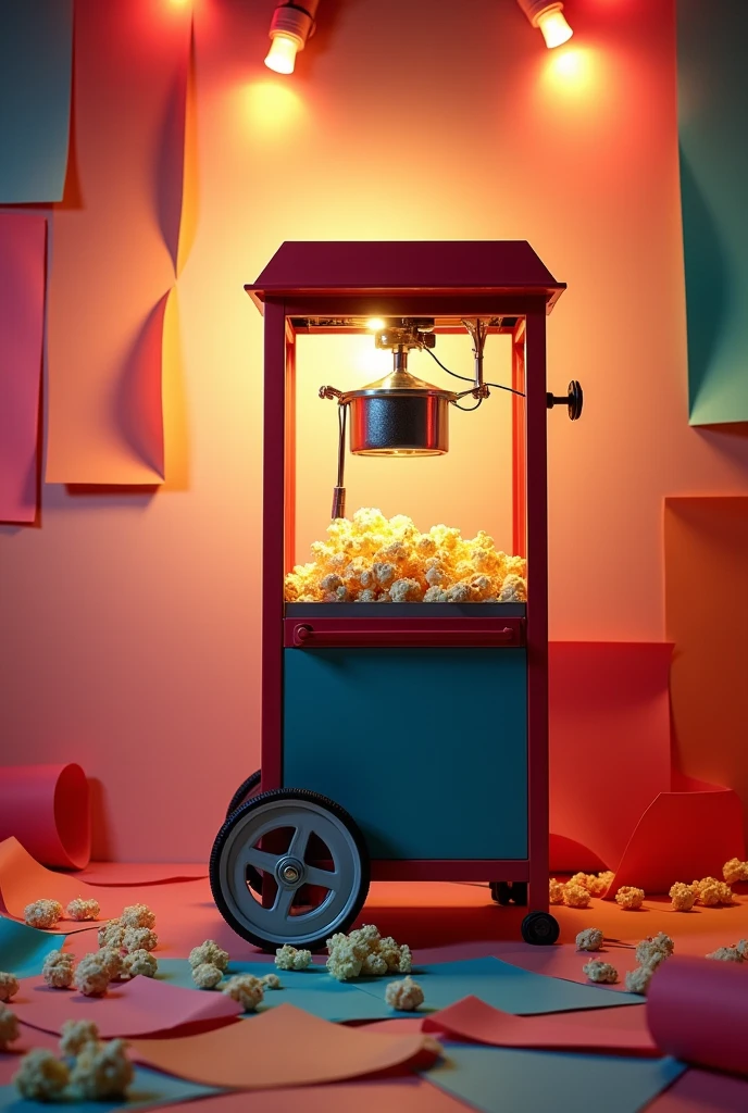 Poster with light's background and some color paper spread in the background and add one image of popper machine