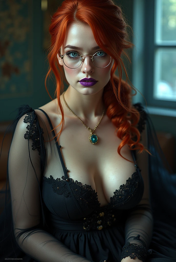 UHD, masterpiece, anatomically correct, Super detailed, surrealism, red hair,glasses with goldenboard,beautiful female model,smooth skin, (Gothic style maxi dress with intricate embellishments), necklace,breasts out of dress,see through clothing, ring accessories, Lace Accessories, side ponytail, perfect face, beautiful face, charm, big and gorgeous eyes, blue eyes, Purple lips, dark makeup, glamorous body, plump body, (big ass), (wide hips), movie light effects,smile