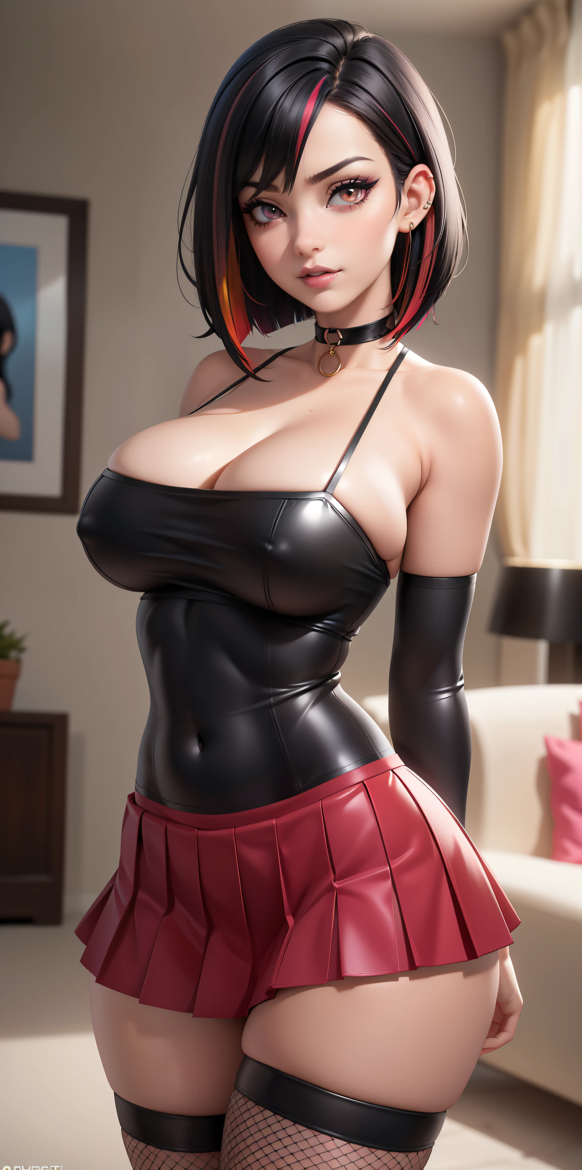 Big breasts,1adult girl, solo, expressive eyes ((black hair: 1.4, red tips, multicolored bob hair, choker)), double eyelids, light effect on eyes, brown eyes, adult woman, milf, (black top , pleated skirt, fishnet stockings) confident face, sfm, eyebrow piercing, ear piercing, navel, nagatiti, hanging breasts, ((Work of art, 16k, realistic, shadow and light on the skin)) makeup, dark lipstick, a living room, tattoo on arms, open waist, (perfect symmetrical body)