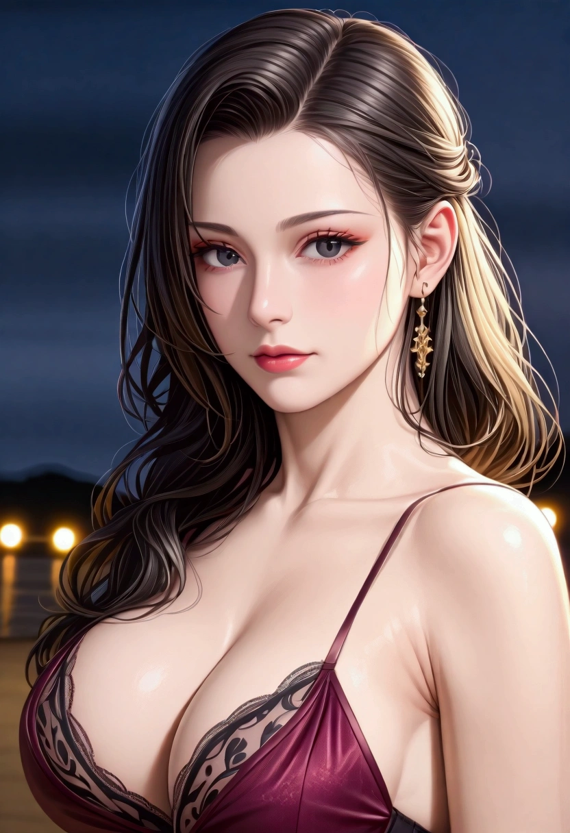 score_9, score_8_superior, score_7_superior, High-resolution CG illustration,A masterpiece in 32K resolution,Highest quality,it is really amazing,Very detailed,Ultra-high resolution,Ultra-realistic,Realistic,Increased depth of field,Cinematic lighting,
Elegant mature Japanese woman,
Shiny black hair,Wavy long hair,Showing his forehead,god々Beautiful,Ultra-detailed and beautiful face,Sensual look,Beautiful dark brown, moist eyes,Pitch black eyes,Glowing, moisturized skin,Translucent white skin,born々New skin texture,Great proportions,
Elegant wine-red slit dress,spaghetti straps,Deep slit,Detailed and beautiful lace decorations,born地の柔らかな質感,
Black panties,
Black Stockings,
A dark and blurry night background,Dark overcast sky on a dull night,Dark clouds filling the sky,Thundercloud,Coastline at night,Golden reflections on the sea surface,delay々A desolate sandy beach that continues,
Dramatic Angle,