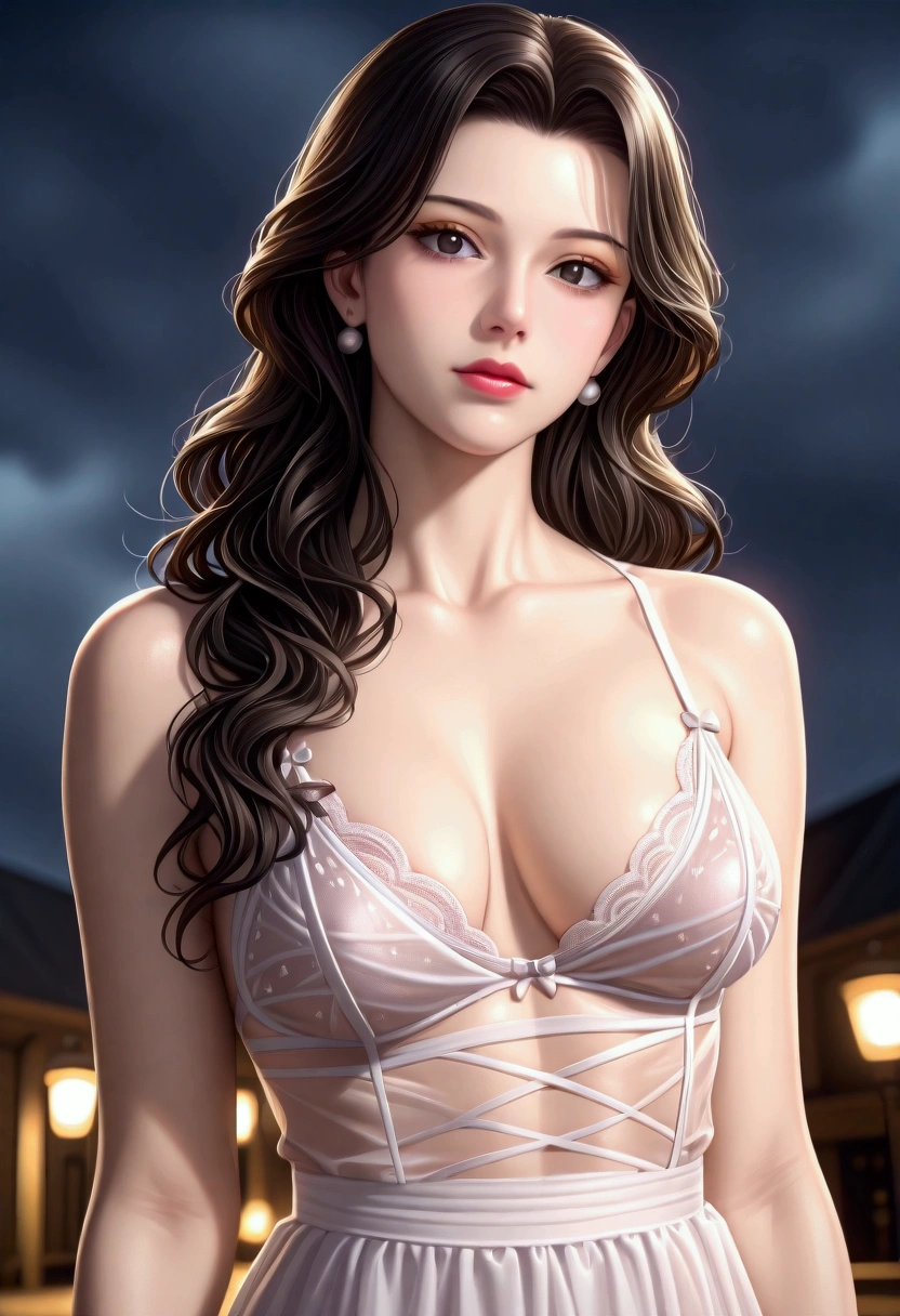 score_9, score_8_superior, score_7_superior, High-resolution CG illustration,A masterpiece in 32K resolution,Highest quality,it is really amazing,Very detailed,Ultra-high resolution,Ultra-realistic,Realistic,Increased depth of field,Cinematic lighting,
Elegant mature Japanese woman,
Shiny black hair,Wavy long hair,Showing his forehead,god々Beautiful,Ultra-detailed and beautiful face,Sensual look,Beautiful dark brown, moist eyes,Pitch black eyes,Glowing, moisturized skin,Translucent white skin,born々New skin texture,Great proportions,
Elegant wine-red slit dress,spaghetti straps,Deep slit,Detailed and beautiful lace decorations,born地の柔らかな質感,
Black panties,
Black Stockings,
A dark and blurry night background,Dark overcast sky on a dull night,Dark clouds filling the sky,Thundercloud,Coastline at night,Golden reflections on the sea surface,delay々A desolate sandy beach that continues,
Dramatic Angle,