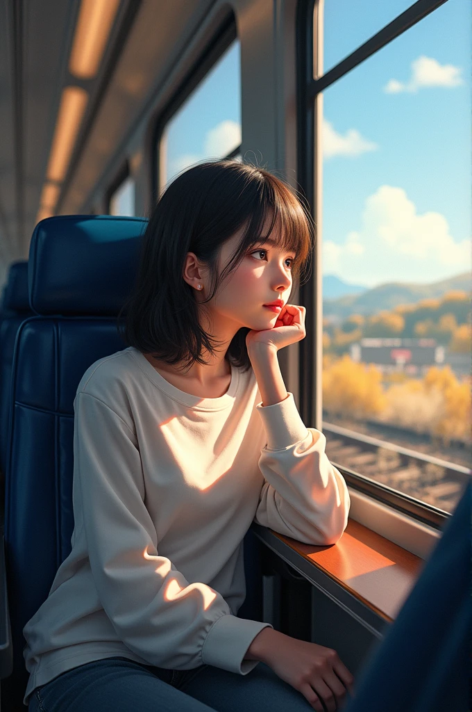A girl on the train watching time pass through the window.