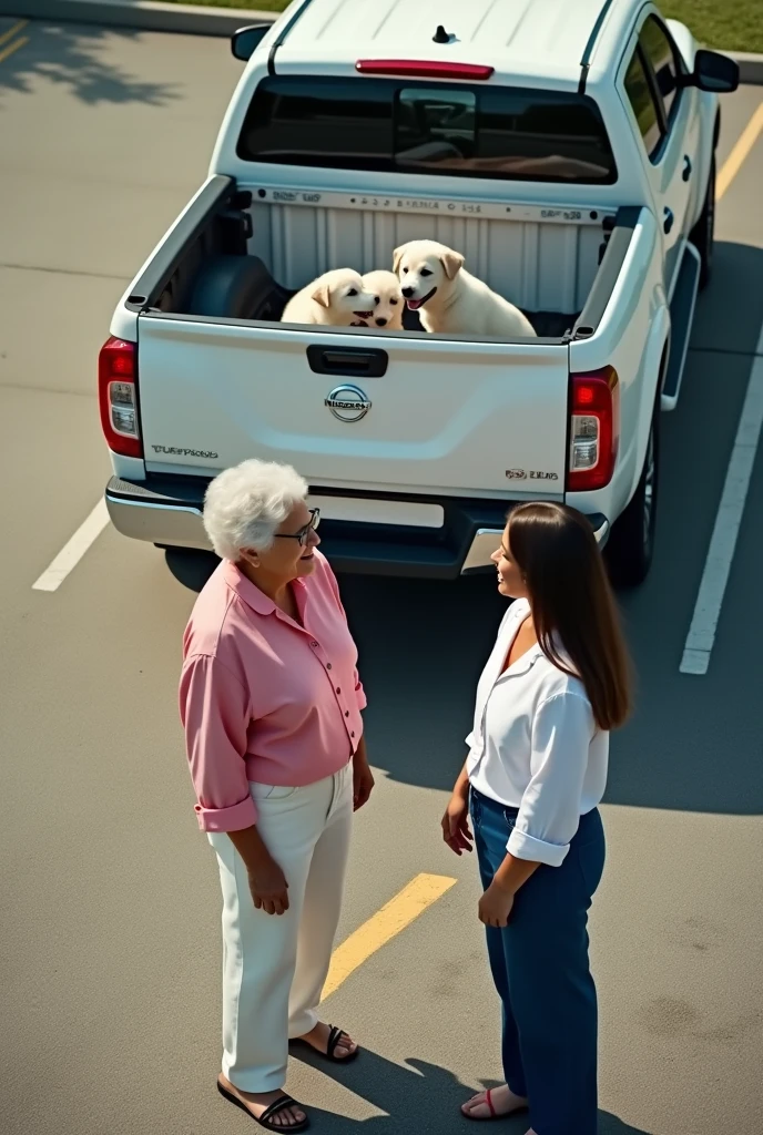 A realistic human image taken from above where you can barely see a parking lot with 2 white women, one of them an old woman wearing a pink blouse and white pants and the other a 35-year-old woman wearing a white blouse and blue pants., They are talking and behind them there is a white Nissan Pkup type truck with 3 white puppies 