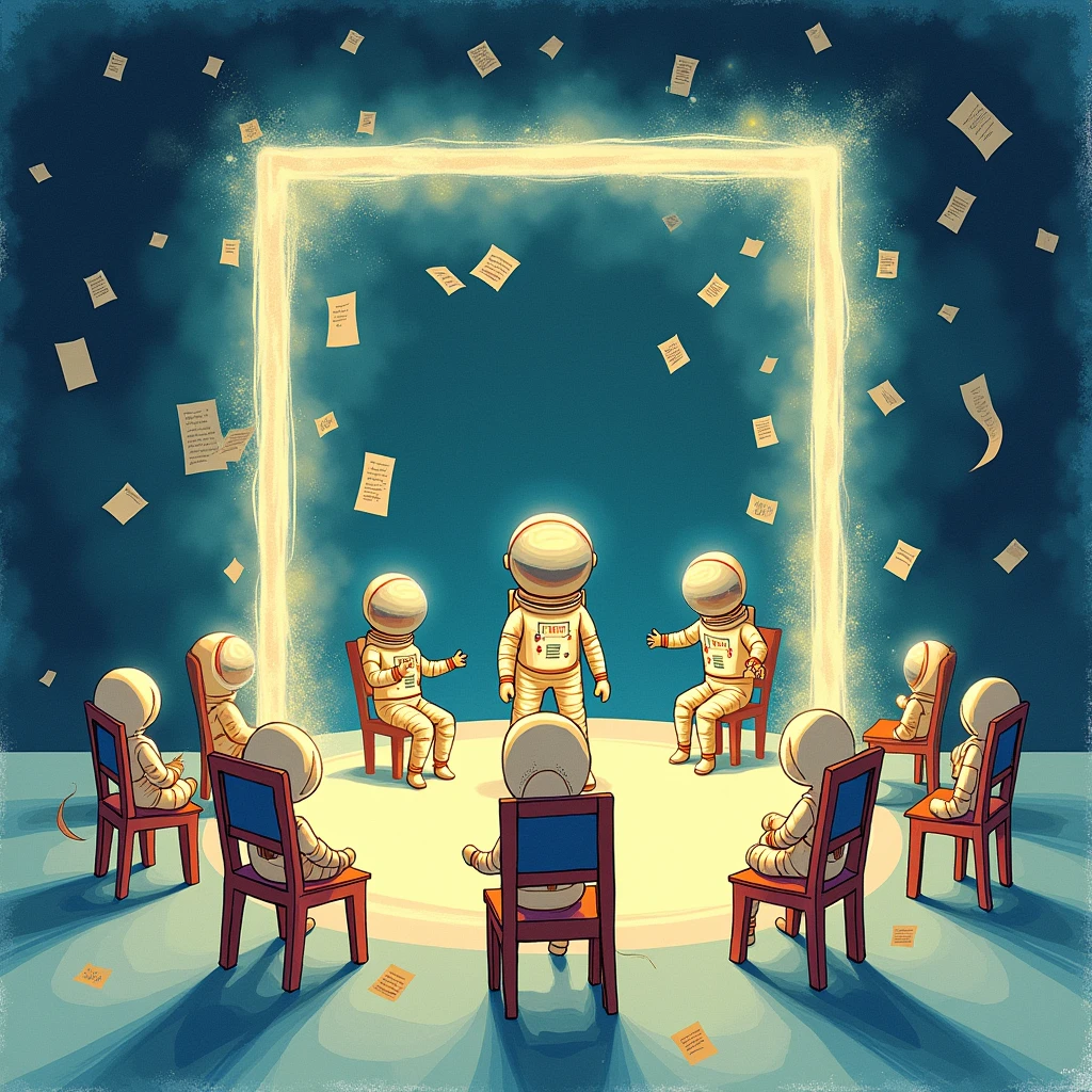 Child's drawing of a glowing frame with astronauts and notes around a circle of chairs with empty, individual children's chairs