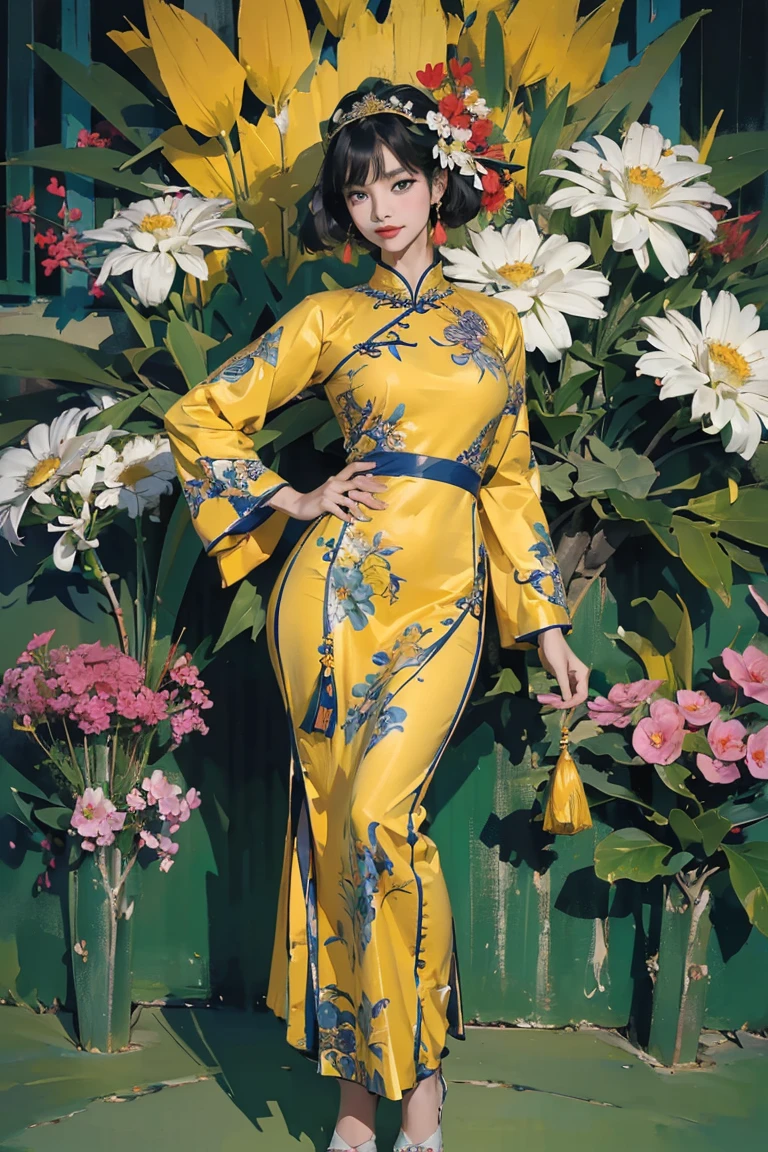 (Ultra-detailed, photorealistic, best quality,4k,8k,highres,masterpiece:1.3), (Vogue magazine cover), (Vogue Style Cover), Vogue style color paintings, 1 females, 8, French. With her tan skin and perfect body shape, she radiates an irresistible allure. Known for her super sexy earance, her busty phe and long legs only enhance her appealing persona. Her body language is as captivating as her physical attributes, always exuding confidence and sensuality. (((She's wearing a Art Deco Aodai - Vietnamese traditional clothes, the iconic Art Deco print enhancing her bold and daring persona))). ((intricate detail)), super finely detailed hands, ultra finely detailed fingers(((ten fingers))), ultra finely detailed toes (((ten toes))), (standing confidently), (full body showcase), (show full body), (no logos on background), (no logo).