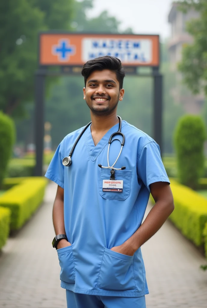 17 year old Indian boy wearing normal  doctor dress posing for name Nadeem hospital park in background