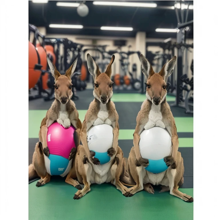 three kangaroos with a ball in their mouths sitting on a gym floor, kangaroos, 🐋 as 🐘 as 🤖 as 👽 as 🐳, in a gym, subject : kangaroo, subject: kangaroo, trending ,, dim dingy gym, dingy gym, 🦩🪐🐞👩🏻🦳, spy kangaroo, 6 pack, working out, kangaroo