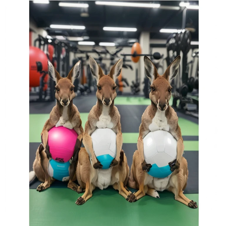 three kangaroos with a ball in their mouths sitting on a gym floor, kangaroos, 🐋 as 🐘 as 🤖 as 👽 as 🐳, in a gym, subject : kangaroo, subject: kangaroo, trending ,, dim dingy gym, dingy gym, 🦩🪐🐞👩🏻🦳, spy kangaroo, 6 pack, working out, kangaroo