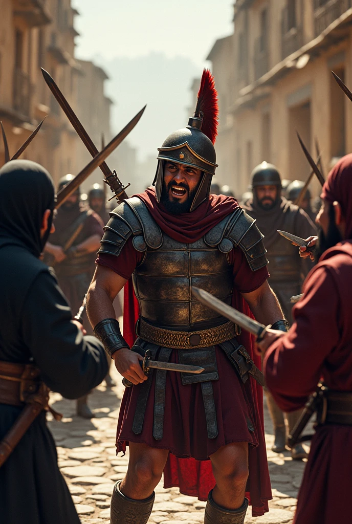 Generate a detailed image of a group of Zealots attacking and stabbing a Roman soldier. The scene takes place on a cobblestone street in an ancient Judean city, with stone buildings in the background. The Zealots, dressed in dark robes and armed with daggers, surround the Roman soldier, who is wearing lorica segmentata armor and a helmet with a plume. The Roman, surprised and trying to defend himself, has already been wounded several times. The image should capture the moment when a knife is piercing the Roman's body, with the expression on the soldier’s face reflecting pain and desperation, while the Zealots display determination. The scene is intense, capturing the violence of the moment.