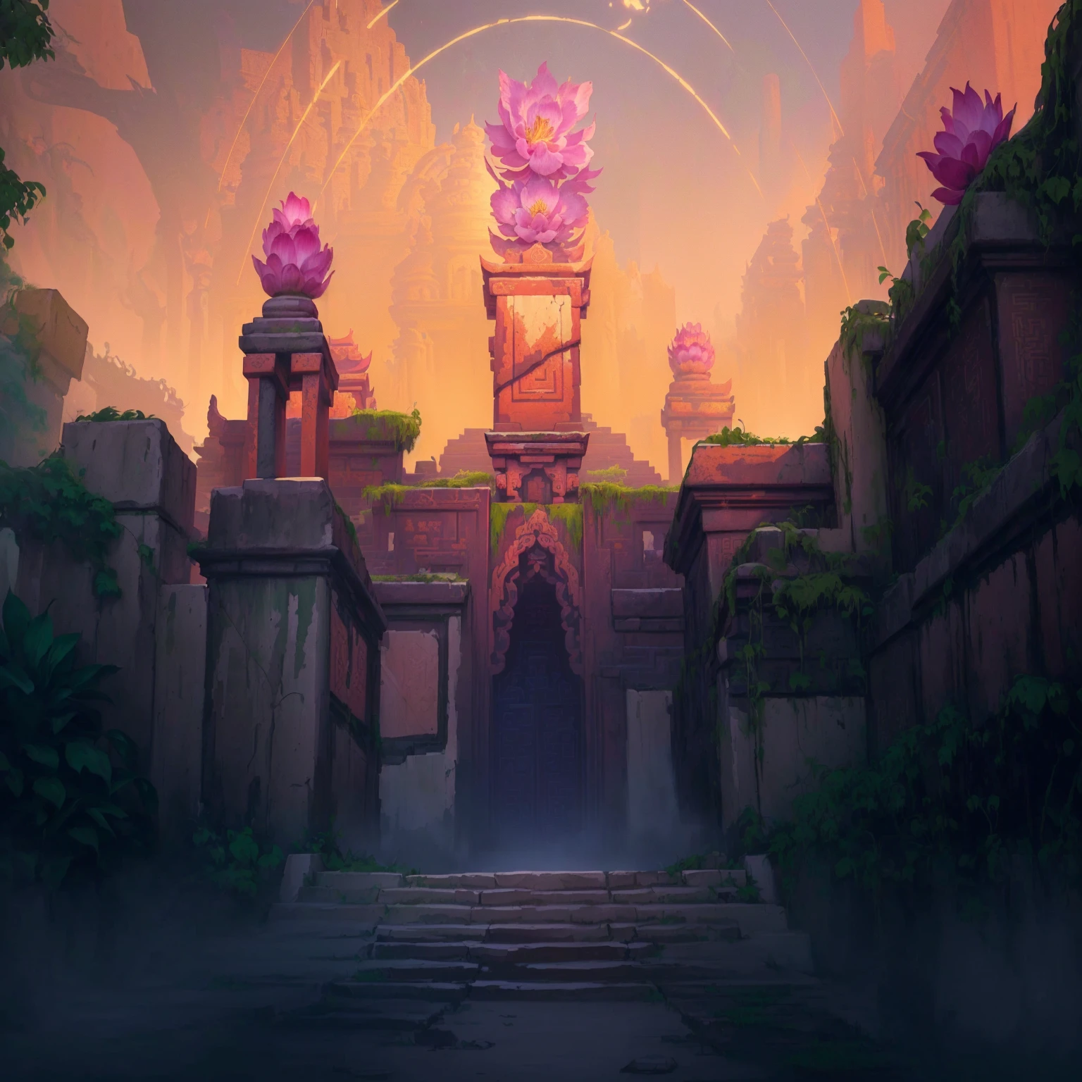 painting of a gate with flowers in the middle, background artwork, temple background, stylized concept art, mysterious temple scene, the grand temple of flowers, just a joke, background art, painted as a game concept art, andreas rocha style, lost temple, background representing a temple, hd 8k wallpaper jpeg artifact