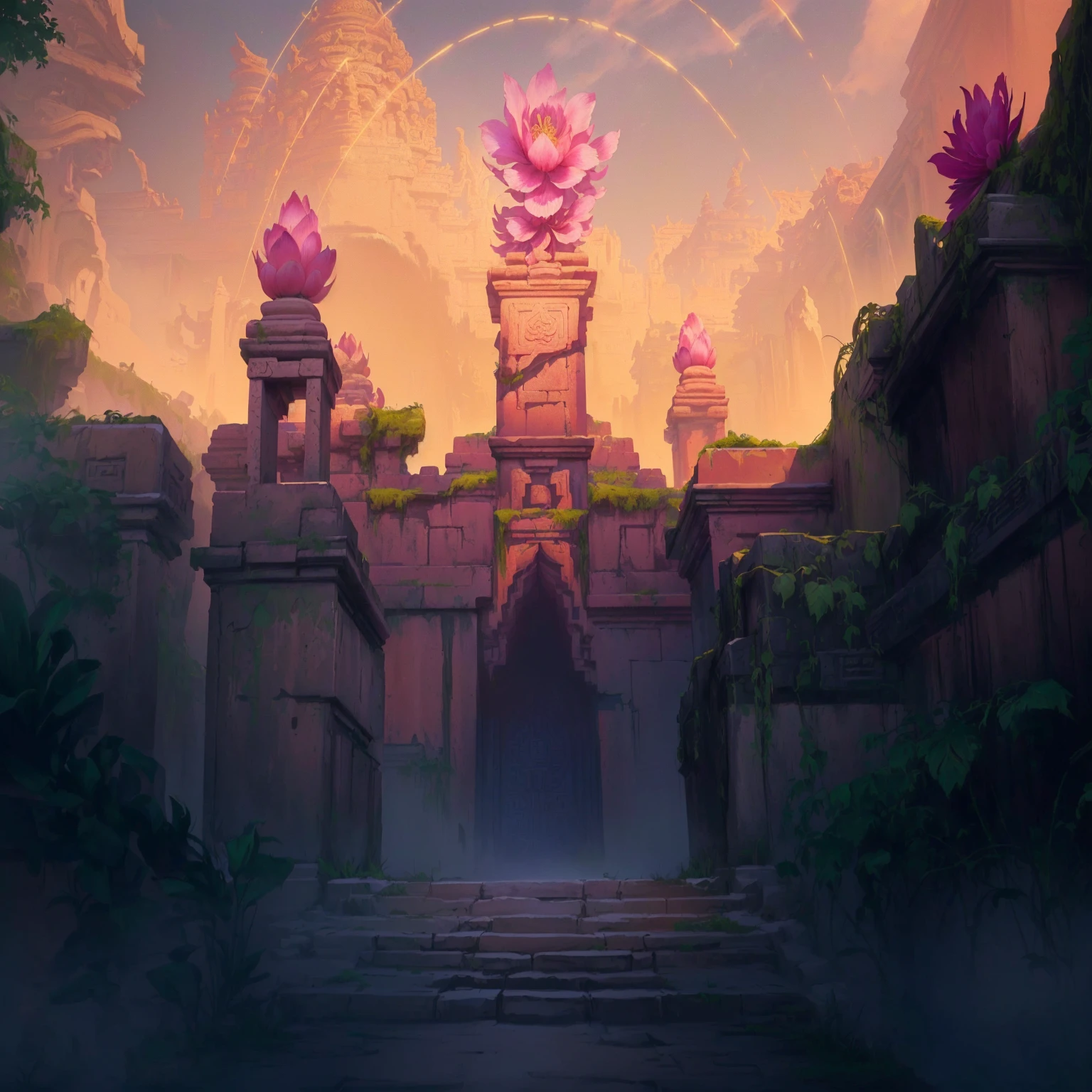 painting of a gate with flowers in the middle, background artwork, temple background, stylized concept art, mysterious temple scene, the grand temple of flowers, just a joke, background art, painted as a game concept art, andreas rocha style, lost temple, background representing a temple, hd 8k wallpaper jpeg artifact