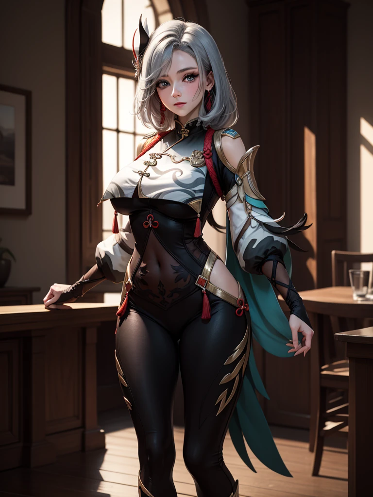 Masterpiece, high quality, 8k, ultra detailed, detailed face, standing, blush, bright eye, indoors, (detail face), shenhedef, stand up straight, large breast