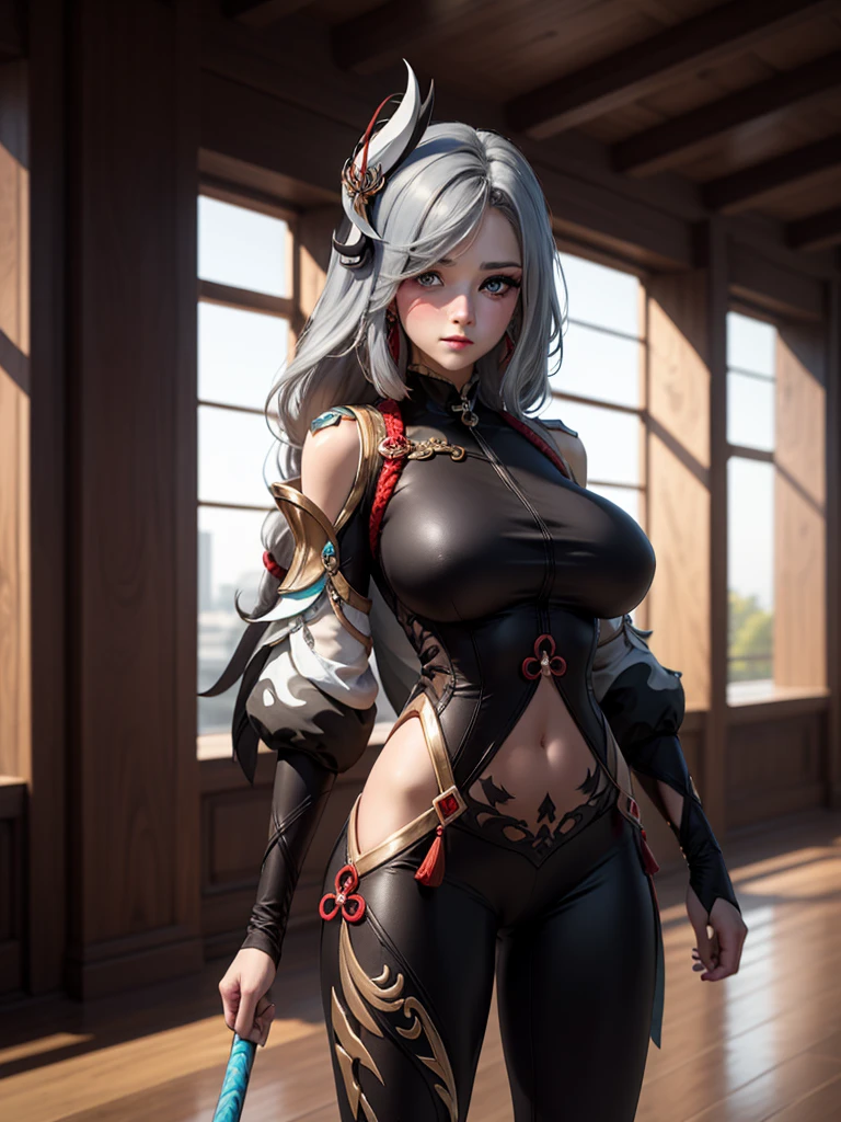 Masterpiece, high quality, 8k, ultra detailed, detailed face, standing, blush, bright eye, indoors, (detail face), shenhedef, stand up straight, large breast