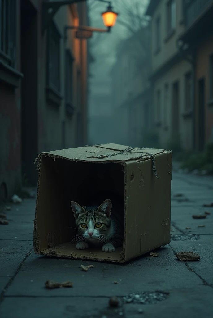 The cat huddled in a cardboard box, shivering as a few street lights cast a faint glow. The scene is quiet and desolate 