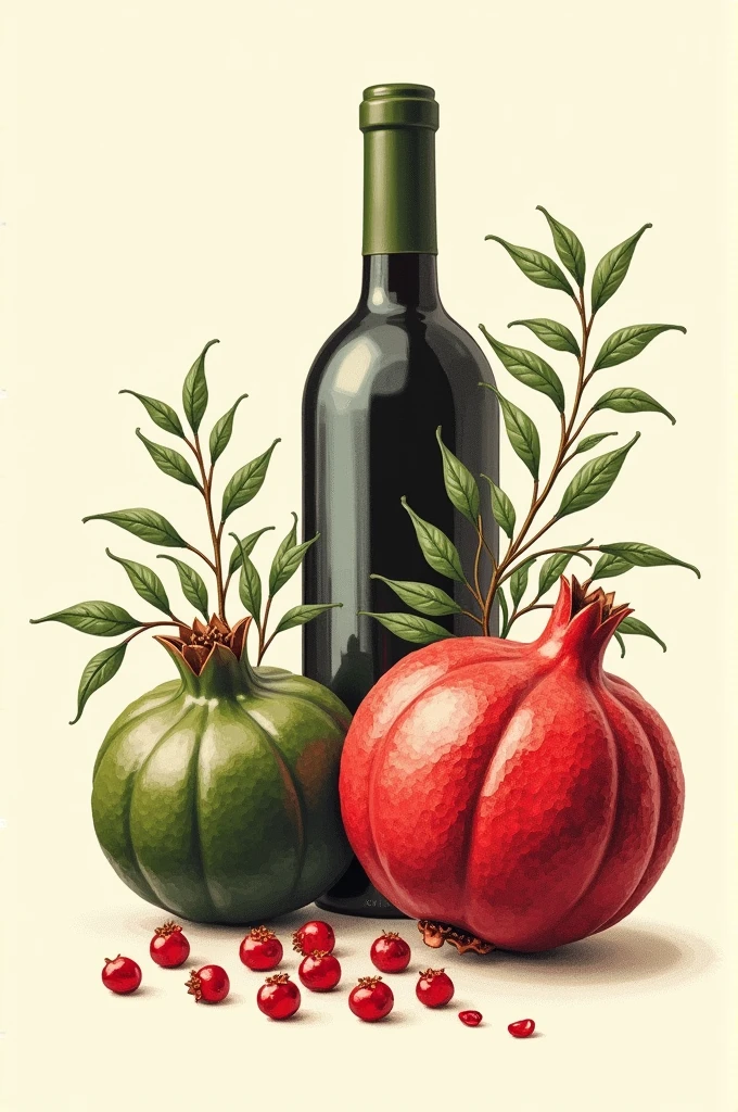 Pomegranate wine bottle stamp with a green and a red pomegranate and pomegranate seeds on the side with a light background