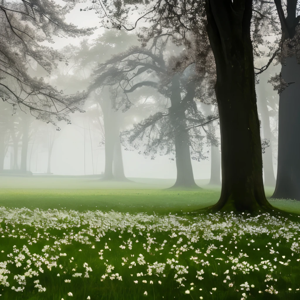 there are many white flowers in the grass near a tree, spring early morning, mystical kew gardens, springtime morning, early spring, flowers and trees, misty garden, delightful surroundings, incredibly ethereal, extremely beautiful and ethereal, dreamy scene, by Ian Fairweather, inspired by Charlotte Nasmyth, very magical and dreamy, spring early, very ethereal, inspired by Jane Nasmyth