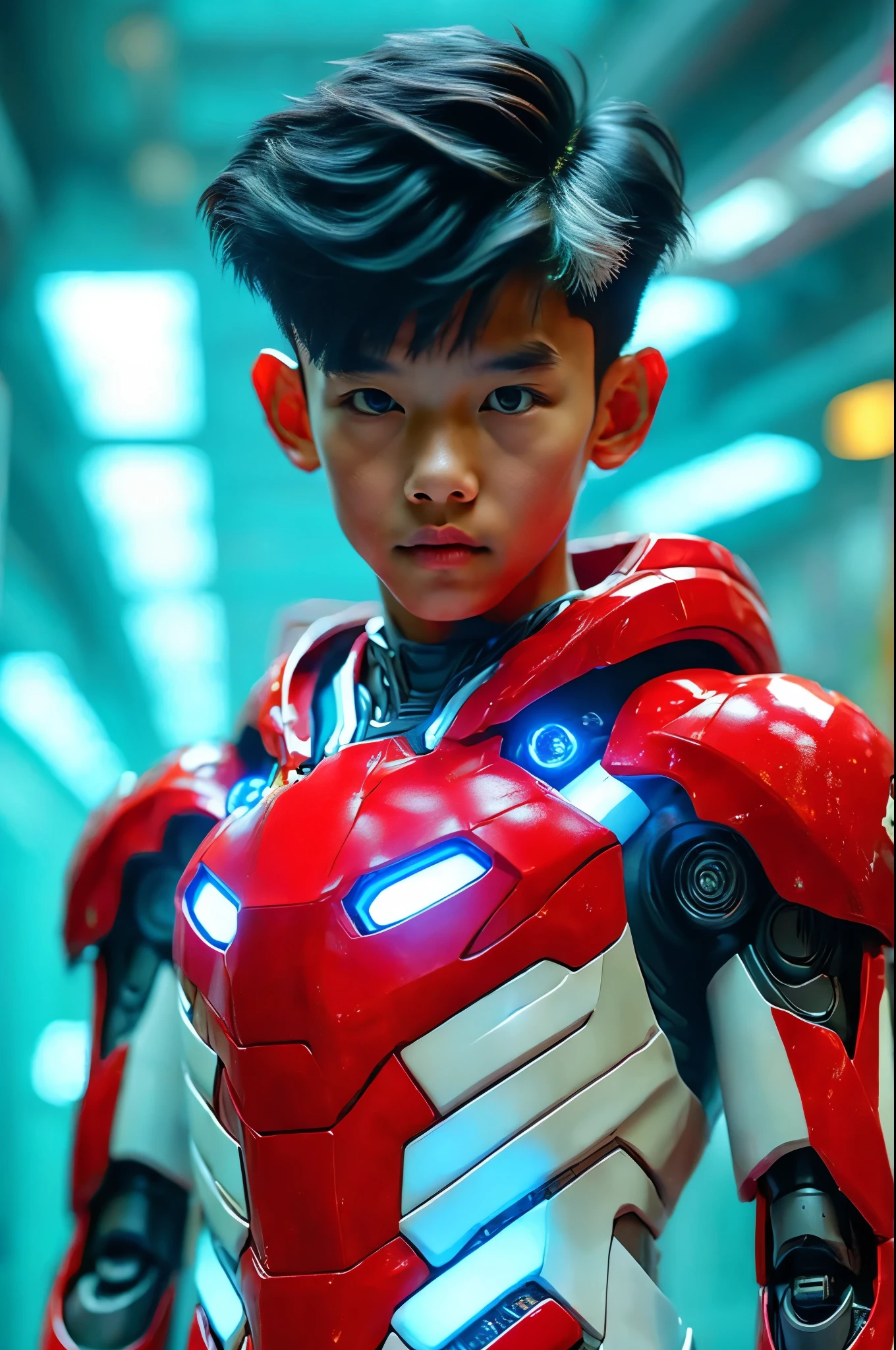 a young 17 year old boy wearing a red and white exoskeleton armor, a robot face on his chest , malaysian mullet hairstyle, detailed face and eyes, highly detailed, 8k, photorealistic, cinematic lighting, concept art, sci-fi. Led light blue.led light robot face on body Punisher. Marvel.
