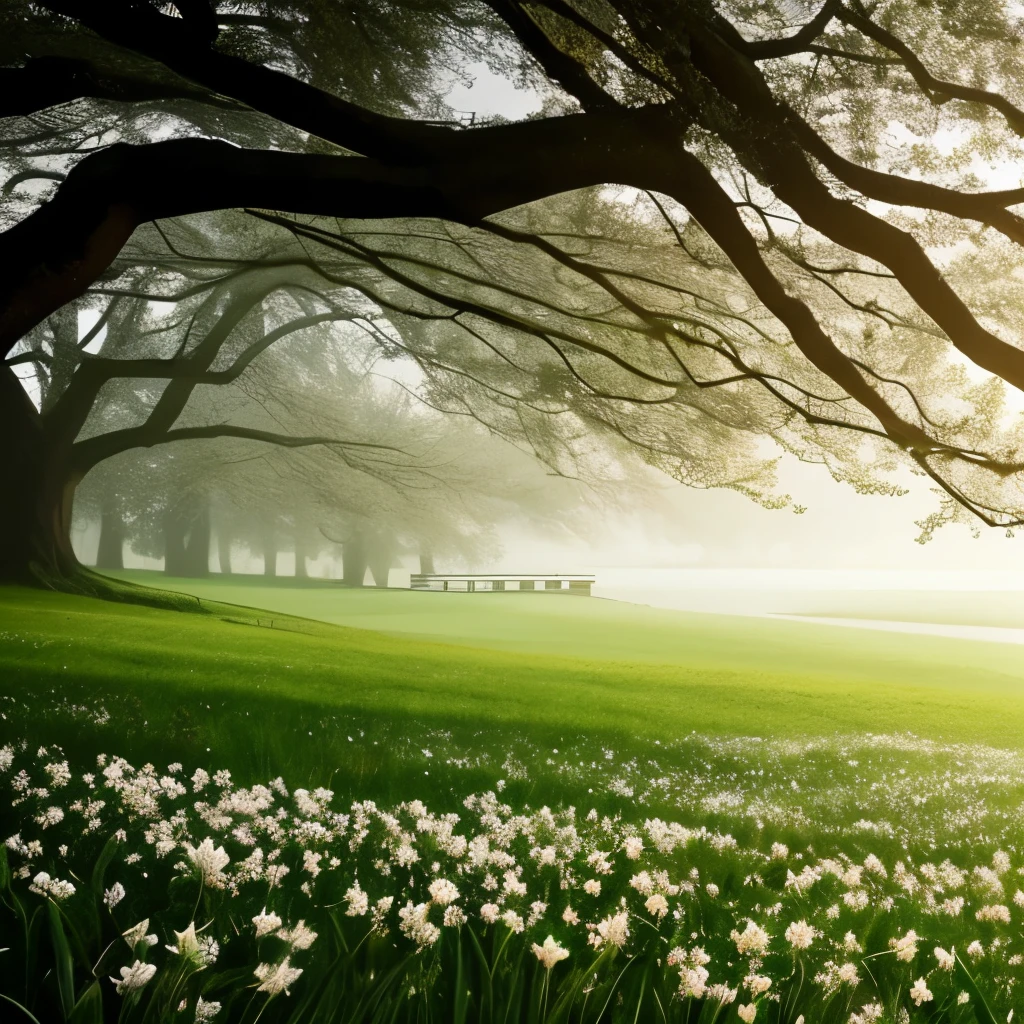 there are many white flowers in the grass near a tree, spring early morning, mystical kew gardens, springtime morning, early spring, flowers and trees, misty garden, delightful surroundings, incredibly ethereal, extremely beautiful and ethereal, dreamy scene, by Ian Fairweather, inspired by Charlotte Nasmyth, very magical and dreamy, spring early, very ethereal, inspired by Jane Nasmyth