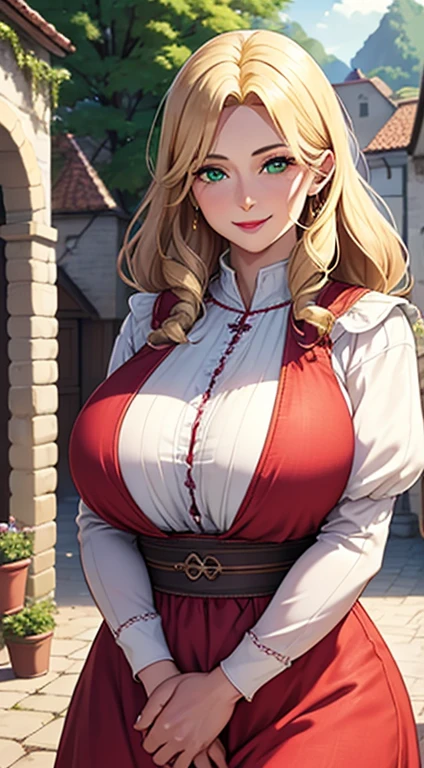 (hyper realstic)、Germanic mature woman. Ancient Farmer Woman、Women's Agriculture、(Wearing flesh-colored fabrics)、
immensity　Beautie　high-level image quality　hight resolution　Realistic、a blond、blond woman in a、A MILF、Middle-aged woman、detailed skin textures、超A high resolution、Wearing flesh-colored fabrics、Realistic、Voluptuous body shape、A smile、Middle-aged beauty、Beautiful expression、Detailed green eyes、long fluffy hair、A smile、Very delicate and detailed skin texture、45 Ancient Peasant Women、((Being in the village square))、Women's Agriculture, cleavages、big red lips、(Wearing flesh-colored fabrics)、
