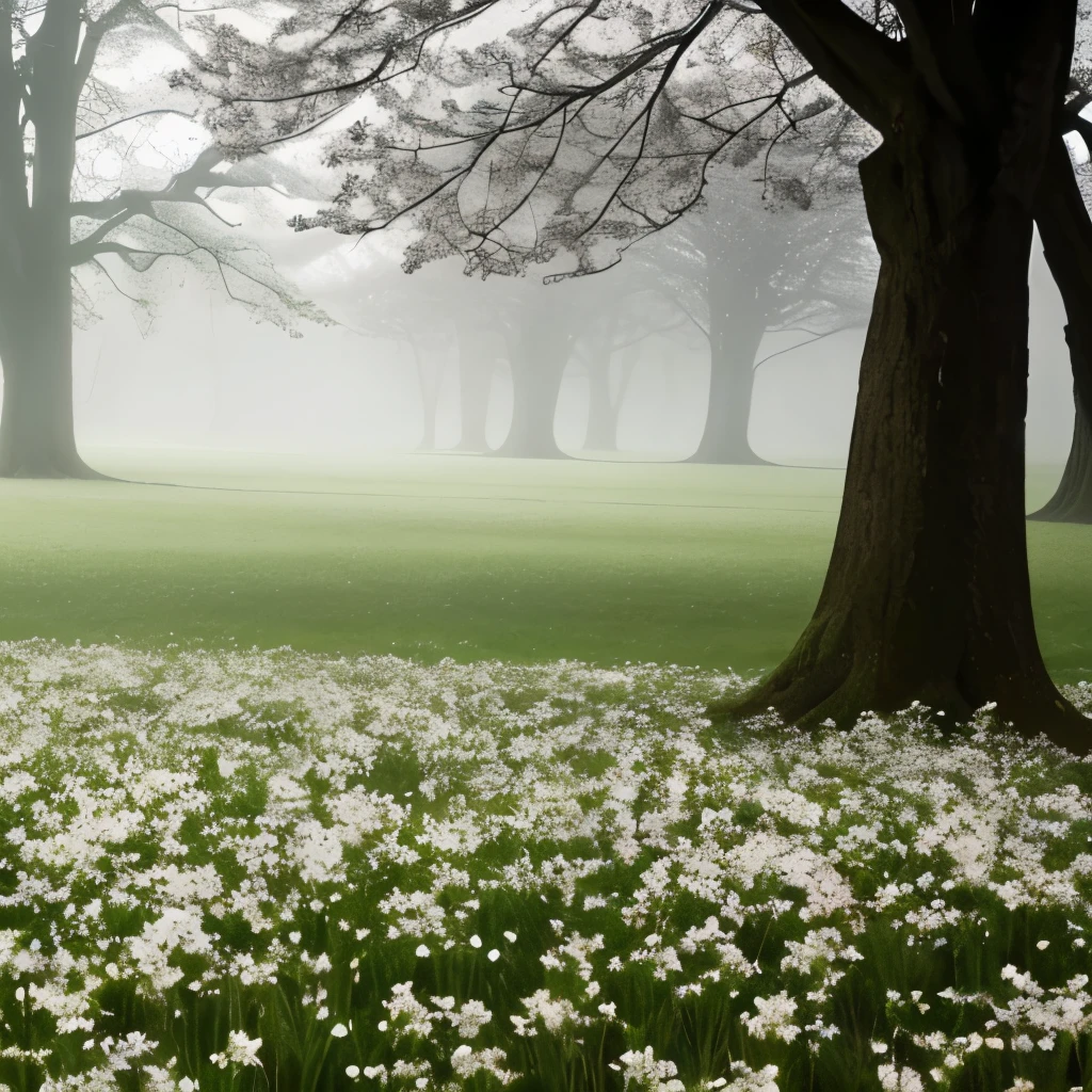 there are many white flowers in the grass near a tree, spring early morning, mystical kew gardens, springtime morning, early spring, flowers and trees, misty garden, delightful surroundings, incredibly ethereal, extremely beautiful and ethereal, dreamy scene, by Ian Fairweather, inspired by Charlotte Nasmyth, very magical and dreamy, spring early, very ethereal, inspired by Jane Nasmyth