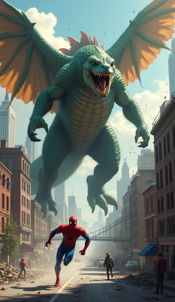 A large Godzillark chases Spider-Man and runs away in fear.