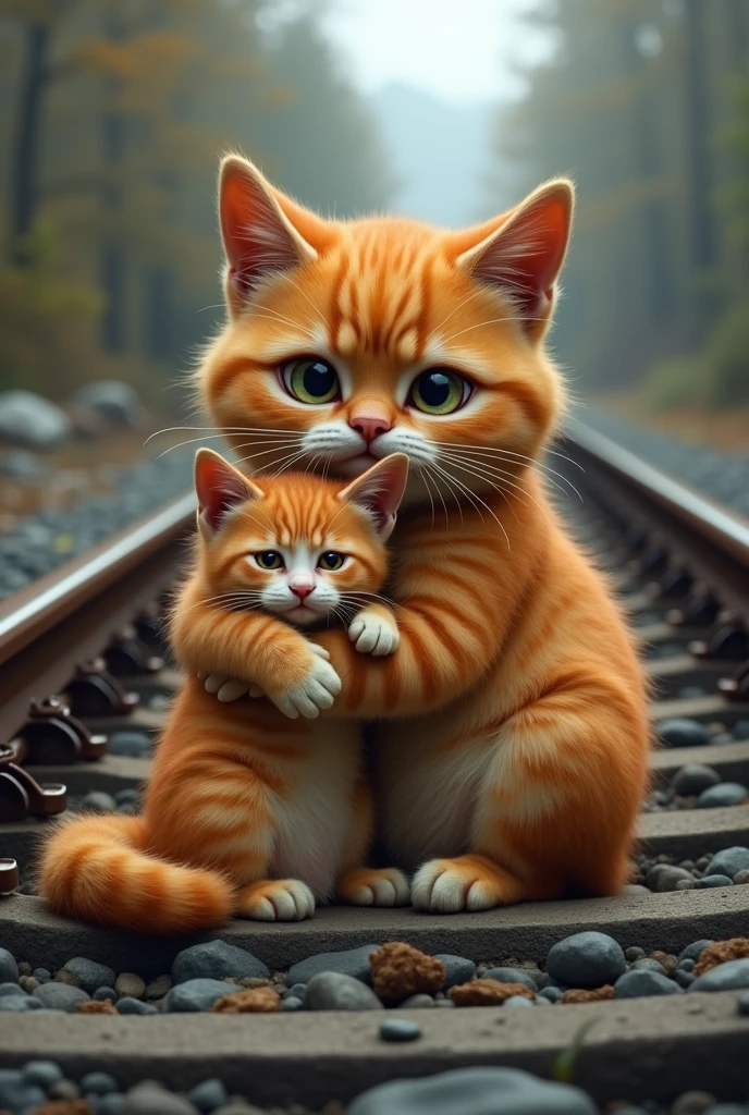 The two orange hair cats one big and her baby . The chubby cat weeps near a crumpled section of the railway track, debris scattered around as she clutches her kitten.