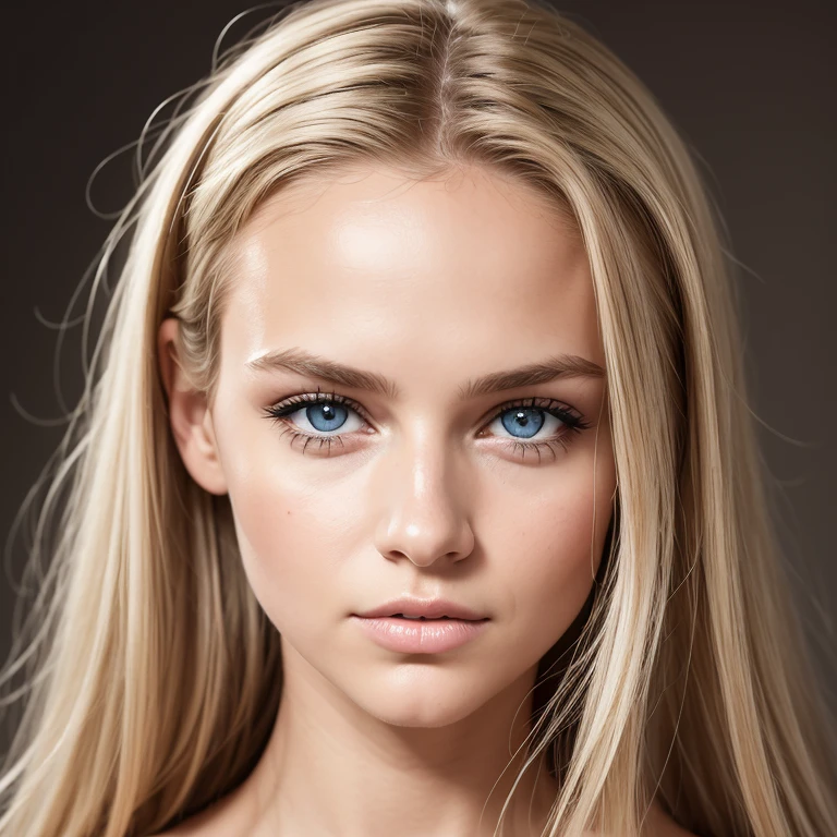 young woman, blonde, 25-2, Blue eyes, Oval face, Hair must be pulled back in a high ponytail, beautiful, masterpiece, neutral facial expression, photo studio, RAW photo, 8 K, very detailed, a high resolution, combed hair, dark atmosphere, (focused on the eyes), photo, SLR camera, 80 mm, Premium 400, Nikon D850, passport-size photo, full face, without Background, black background, looks at the camera