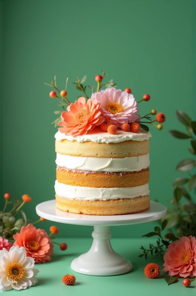 A layered cake with white frosting and decorative flowers on a green background with the text "The Cake spot"

Size 16:9