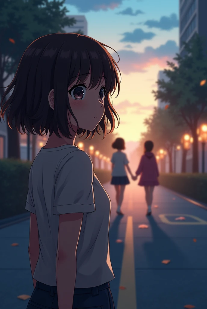 A girl watching the love of her life leave with another girl, anime style