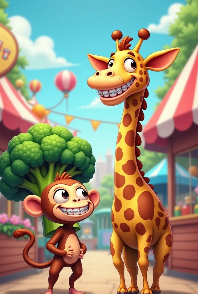 CARTOON OF A MONKEY WITH BRACES AND A GIRAFFE AND A BROCCOLI WITH BRACES IN AN AMUSEMENT PARK 