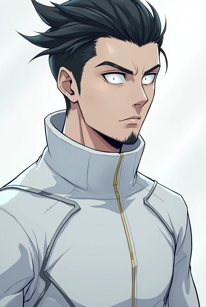 male character, black hair combed up black, totally white eyes, barba, wears all-white futuristic clothes. anime dash