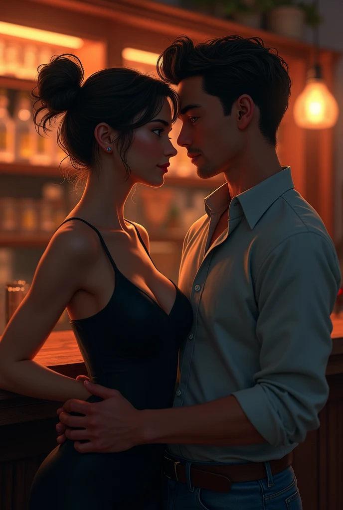 The bartender at the second bar announces closing time, and Lizzie and Bob look at each other longing, not ready to say goodbye.
Lizzie wearing a black jumpsuit, hair in a high bun. Bob wearing jeans and a buttoned up shirt, both blue eyes