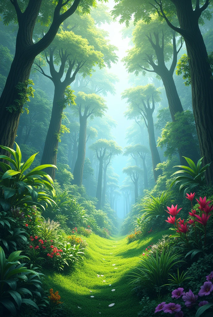 A dense jungle, with trees with white leaves, and with green grass
