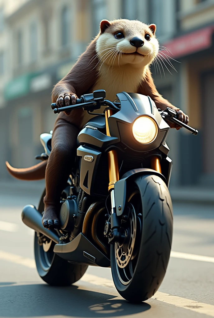 Create a realistic otter image, with moist and shiny skin, mounted on a sports bike. The otter is practicing the sport known as &#39;degree&#39; or &#39;244&#39;, where the bike is leaning back, with the front wheel raised in the air, in a radical maneuver. The motorcycle must have a modern and sporty design, with sharp details, and the otter must appear confident and determined while performing the maneuver. The scene takes place on an urban street, with the background slightly blurred to give the feeling of speed and movement. Make sure the otter pose and the bike tilt are correct., conveying the emotion of the moment.