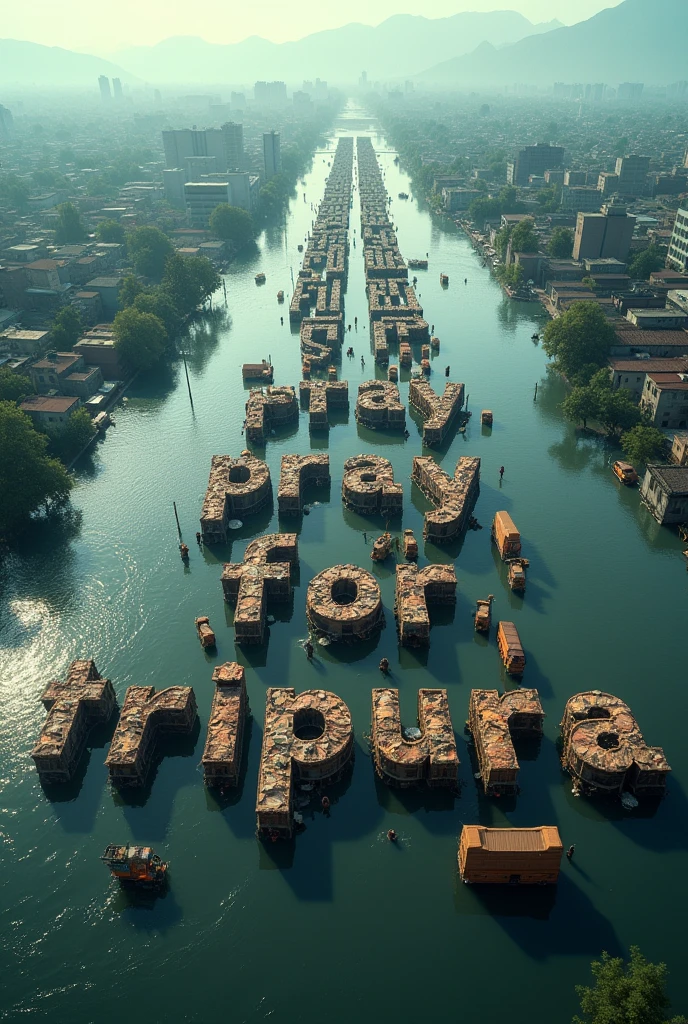 Create an aerial view of a vast flood city with buildings and mountains in the distance. The foreground is filled with countless vehicles and tents arranged in a grid pattern, forming large letters that spell out as 'PRAY FOR TRIPURA.' The scene should convey a sense of urgency and focus, with the letters made up of the vehicles, tents and buildings standing out prominently against the flooded background.
