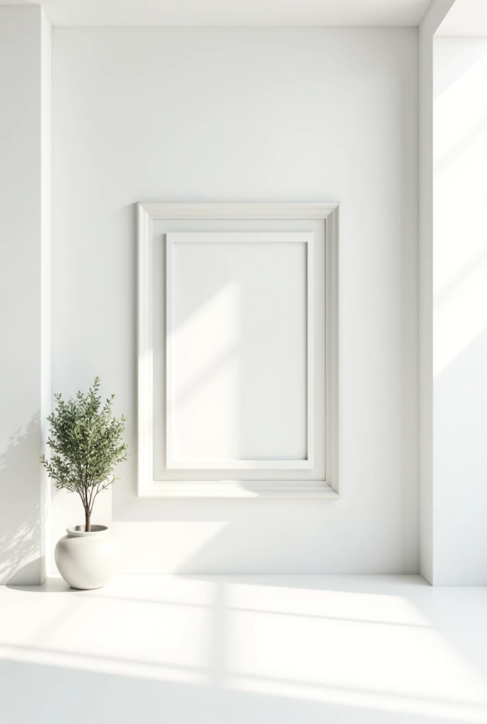white wall with blank frame in the center and on the side pillars and oliv tree in pot